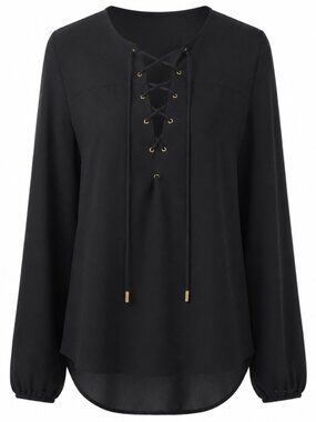Bebe Black Lace-Up Blouse Small Long Sleeve Semi Sheer Tunic